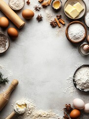 Bakery background, baking ingredients over rustic kitchen countertop. Baked cookies with hazelnuts, rye bread, milk and eggs. Top view, copy space.