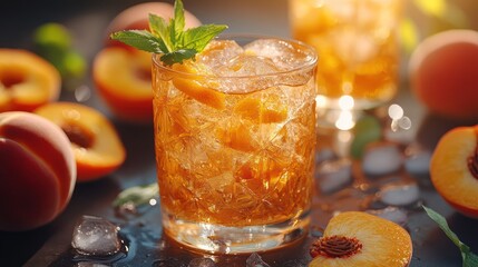 Peach and citrus cocktail, refreshing and sparkling, served in transparent glasses with ice