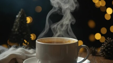 Cozy winter ambiance: Steaming coffee, Christmas tree, and golden bokeh lights - Powered by Adobe