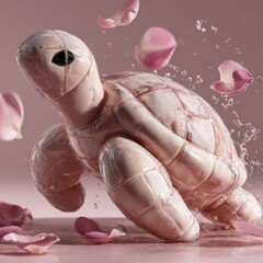 Delicate Pink Tortoise Shell Sculpture in Water with Rose Petals A Stunning 3D Render of Aquatic Life