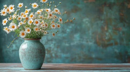 Minimalist yet vintage floral arrangement in a handcrafted ceramic vase, set against a textured green-blue backdrop