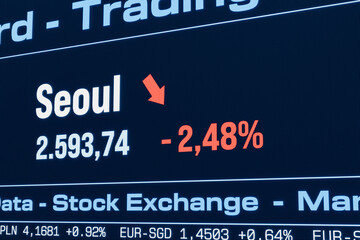 Fototapeta premium Seoul stock index moving down. Falling South Korean share prices, bearmarket, reduction, investment, business, crash, loss, crisis, stock market data. 3D illustration