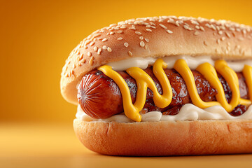 hot dog with mustard in bun, photorealistic style on clean yellow background 