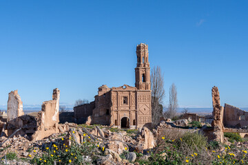 Ruins of the ancient city of Belchite. Church and tower