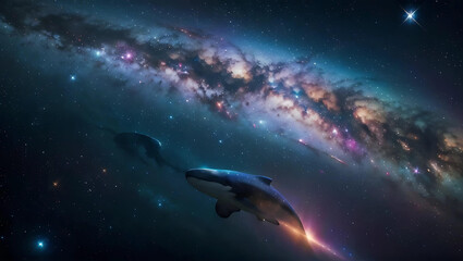 Fototapeta premium Majestic Cosmic Whales Soaring Through Vibrant Galaxies and Nebulae