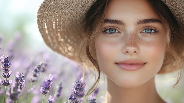 Radiant woman in a wide-brimmed hat, enjoying the scent of lavender, close-up with soft-focus background