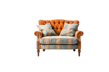 Elegant orange and blue striped fabric loveseat with button tufting and wooden legs. background removed