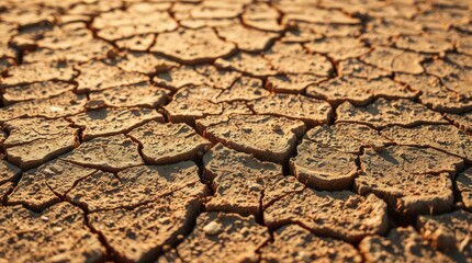 Dry cracked earth shows the harshness of drought, conveying the struggle for arid land survival.