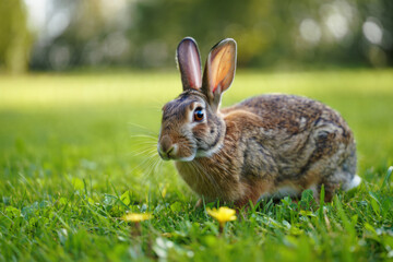 Fototapeta premium Wild rabbit exploring green grass field in nature preserve