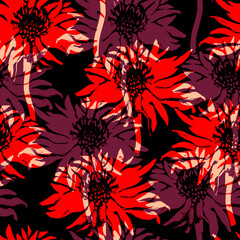 Blurred vision floral seamless pattern with red burgundy chrysanthemum flowers. Wallpaper, bedding, textile, apparel fabric, poster, package.