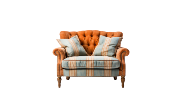 Elegant orange and blue striped fabric loveseat with button tufting and wooden legs. background removed