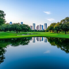 Fototapeta premium Reflections of City Skyline on Golf Course Pond, urban oasis , landscape photography