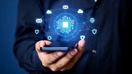 Man holding a smartphone with a digital circuit network representing technology and communication.