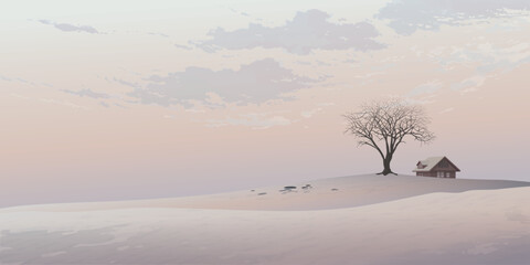 Silhouette deciduous tree and country house on the hill in the middle of dried land with vanilla sky background graphic illustration have blank space.