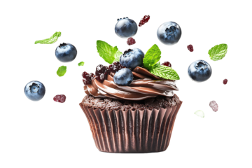 Chocolate Cupcake with Blueberries, Mint Leaves, and Berries on White Background
