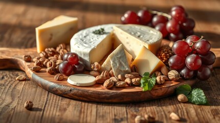 Fototapeta premium Artisan cheese, nuts, and vibrant grapes sit on a rustic wooden board in warm, inviting light.