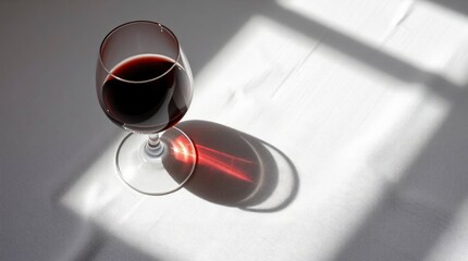 A glass of dark red wine casts bold shadows on a bright white textured surface creating contrast