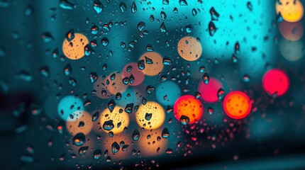 Raindrops on a glass surface abstractly reflect blurred city lights in a vibrant, colorful scene.