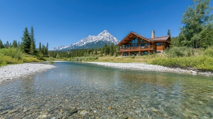 Obraz premium Log cabin by a mountain stream