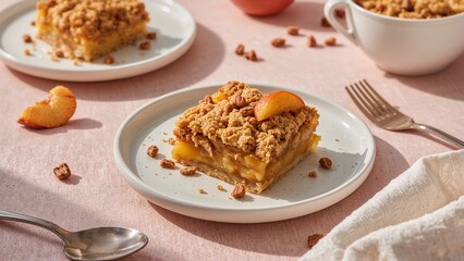 Peach crumble bars on a white plate.