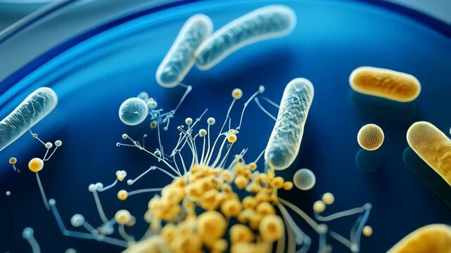 Petri dish filled with microscopic germs, rod-shaped bacteria, viruses, fungi, and colonies of microorganisms for scientific medical research. - Powered by Adobe