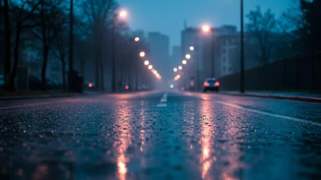 Wet city street at night with glowing lights and rain reflections  