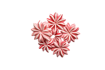 A cluster of red and white peppermint candies shaped like flowers. background removed