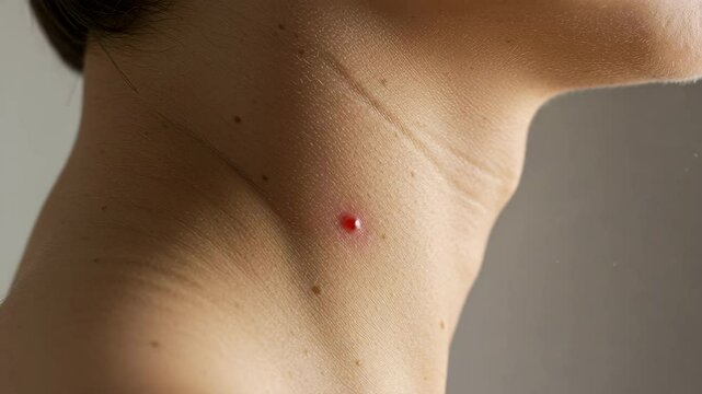 Close-up of a woman's neck showing a red blemish under soft light  