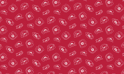 Poppies pattern vector seamless line ornament for textile, fabric, interior, ceramic, wallpaper, paper decoration on red background