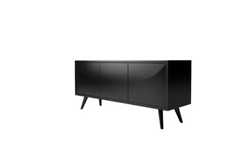 Sleek black sideboard with three doors and two drawers, mid-century modern design. background removed