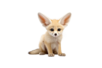 Adorable fennec fox kit sitting, large ears,  cute face,  desert animal. background removed