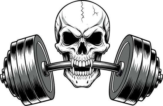 Aggressive Skull And Barbell Graphic - Intense Weightlifting Fitness Mascot in Monochrome Vector Art.