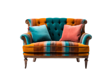 A vibrant, striped sofa with teal and orange upholstery, featuring two plush cushions. background removed