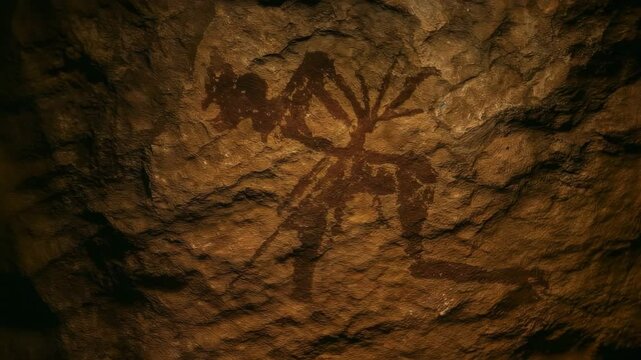Gentle handheld camera movement tilting upward across painted warrior figure on cave wall. 