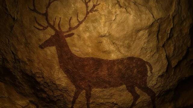 Slow reverent zoom toward painted stag on cave wall illuminated by flickering torchlight. 