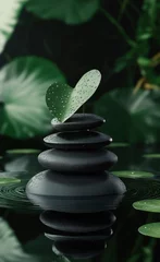 Zen stones, heart leaf, still water