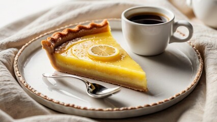 Fresh lemon tart and steaming coffee served on a white tray  cozy mornings in bed.