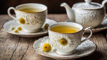 Vintage charm and golden tea  camomile comfort in heirloom porcelain.