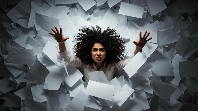 Woman overwhelmed by scattered papers while reaching for help  