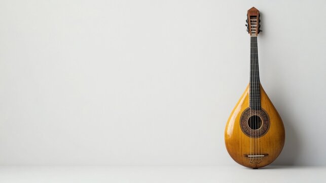 A baglama with wooden body, space for text on the right side, set against a clean white backdrop