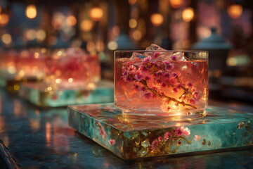 A high-tech cocktail bar with glowing drinks and interactive touch tables