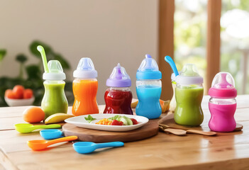 An image depicting a selection of baby feeding products arranged on a wooden surface with a light, natural background. 