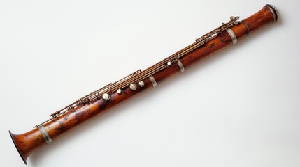 Fototapeta premium A bassoon with a wooden body, ample space for text on the right, set against a white backdrop