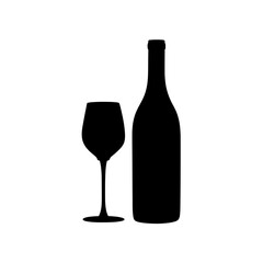 Black silhouette of a wine bottle and a wine glass on white background on white background , no background