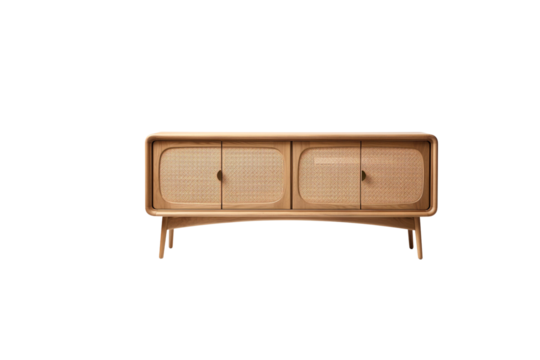 Mid-century modern wooden sideboard with rattan insets, sleek design, and tapered legs. background removed