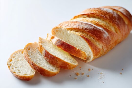 Loaf of bread partially sliced on white surface