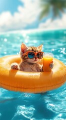 Cute kitten floats in pool, orange juice