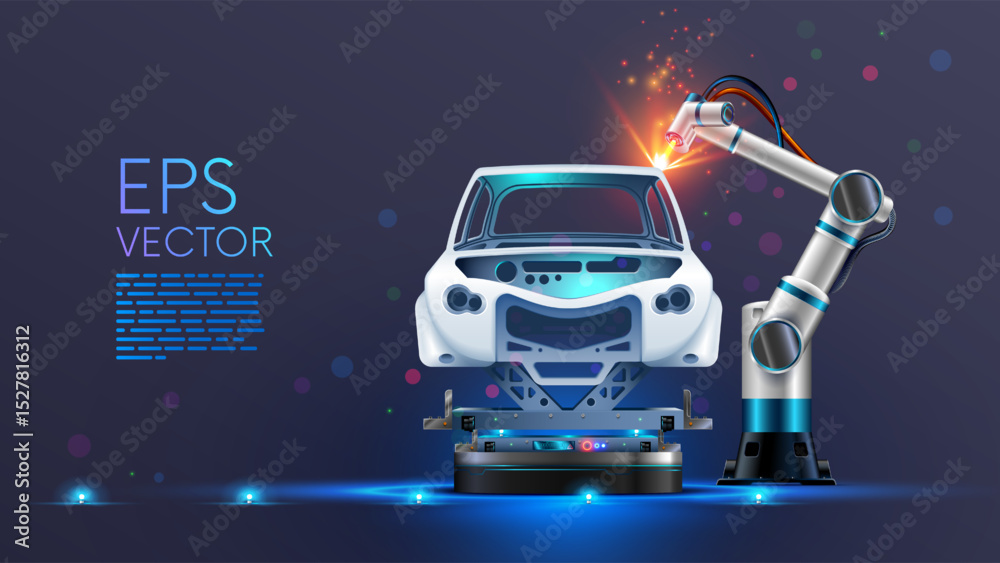 Poster Robot welder in automobile industry. White robots welding car body on automobile factory. The industry robotic arm with a laser ray or beam on car factory. A car on the robotic assembly line.