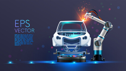 Robot welder in automobile industry. White robots welding car body on automobile factory. The industry robotic arm with a laser ray or beam on car factory. A car on the robotic assembly line.