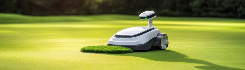 White Autonomous Mower on Green Lawn, Robotic , Gardening